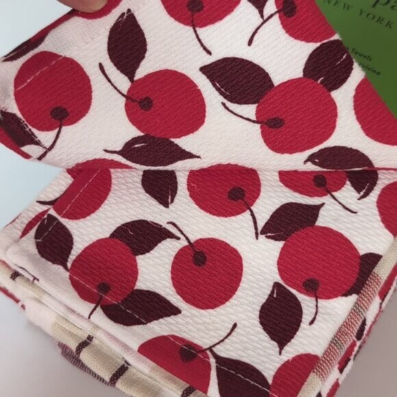 NEW Kate Spade Kitchen Towel Set 5 Pairs Dish Towels Cherry Plaid Chevron Red - Picture 3 of 13